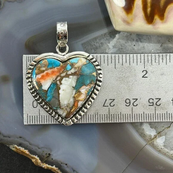Sterling Southwestern Style Turquoise Spiny Oyster Heart Pendant For Women - Picture 9 of 10